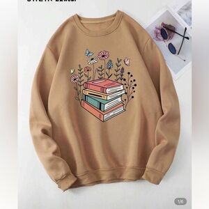 SHEIN Tan Floral Book Graphic Sweater 4XL